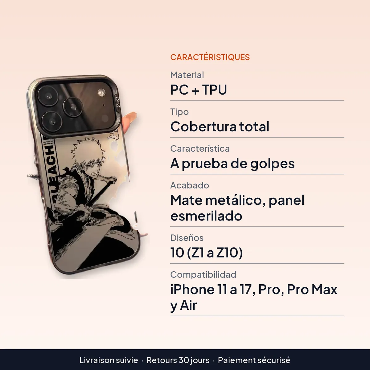 B-Bleachs K-Kurosaki Ichigo Funda de teléfono iPhone 11 a 17 : caractéristiques