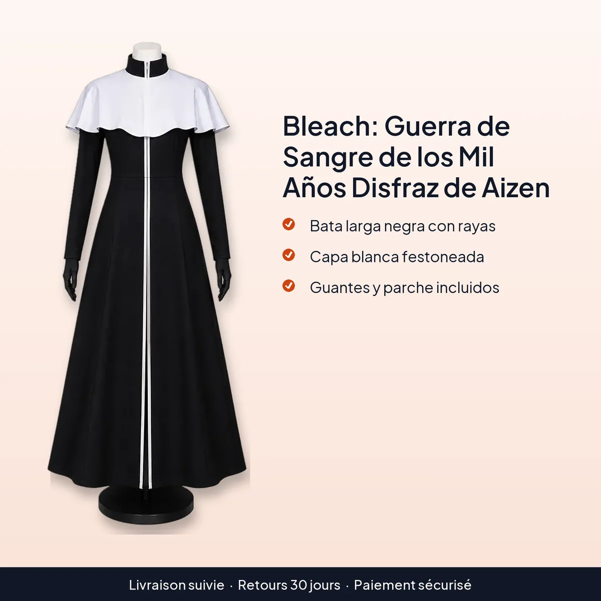 Bleach: Guerra de Sangre de los Mil Años Disfraz de Aizen : bata larga negra con rayas, capa blanca festoneada, guantes y parche incluidos