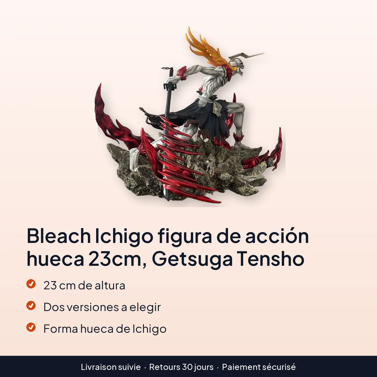 Bleach Ichigo figura de acción hueca 23cm, Getsuga Tensho : 23 cm de altura, dos versiones a elegir, forma hueca de ichigo