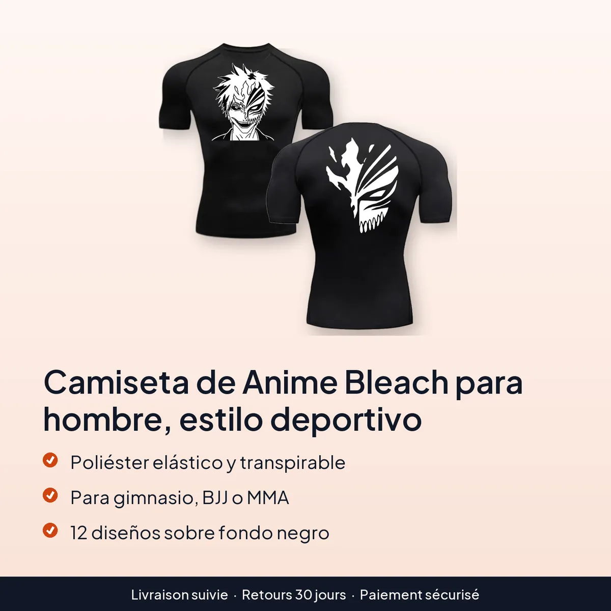 Camiseta de Anime Bleach para hombre, estilo deportivo : poliéster elástico y transpirable, para gimnasio, bjj o mma, 12 diseños sobre fondo negro