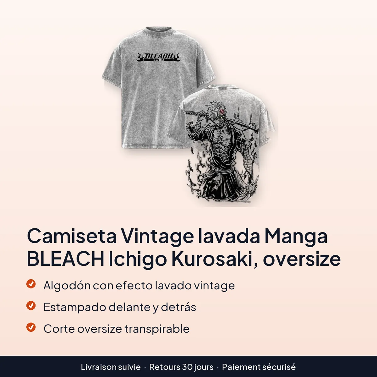 Camiseta Vintage lavada Manga BLEACH Ichigo Kurosaki, oversize : algodón con efecto lavado vintage, estampado delante y detrás, corte oversize transpirable