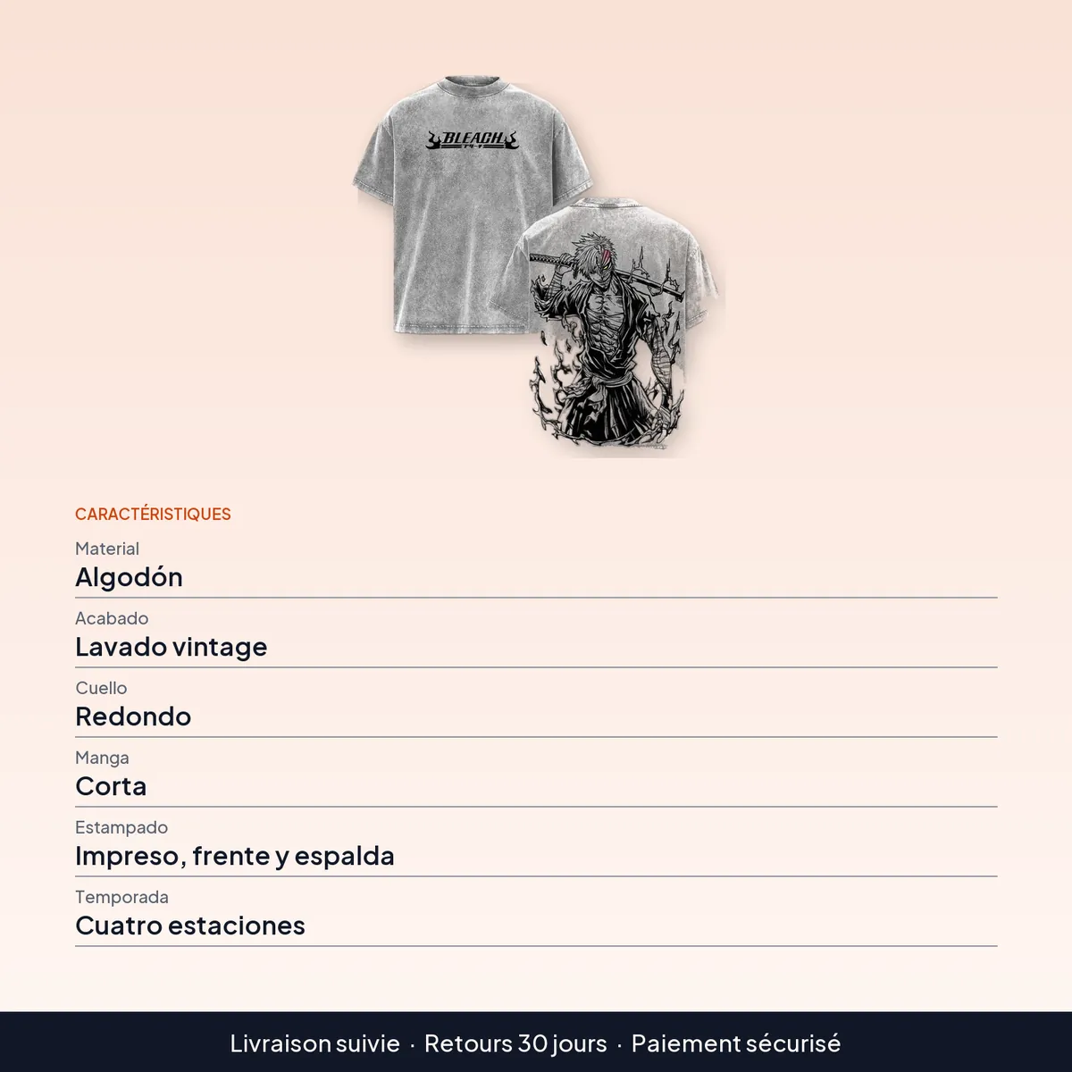 Camiseta Vintage lavada Manga BLEACH Ichigo Kurosaki, oversize : caractéristiques