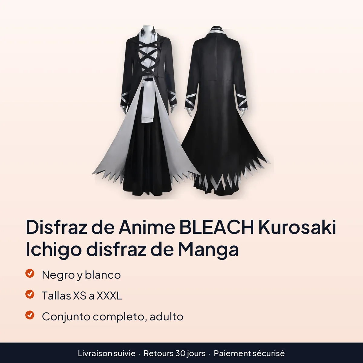 Disfraz de Anime BLEACH Kurosaki Ichigo disfraz de Manga : negro y blanco, tallas xs a xxxl, conjunto completo, adulto