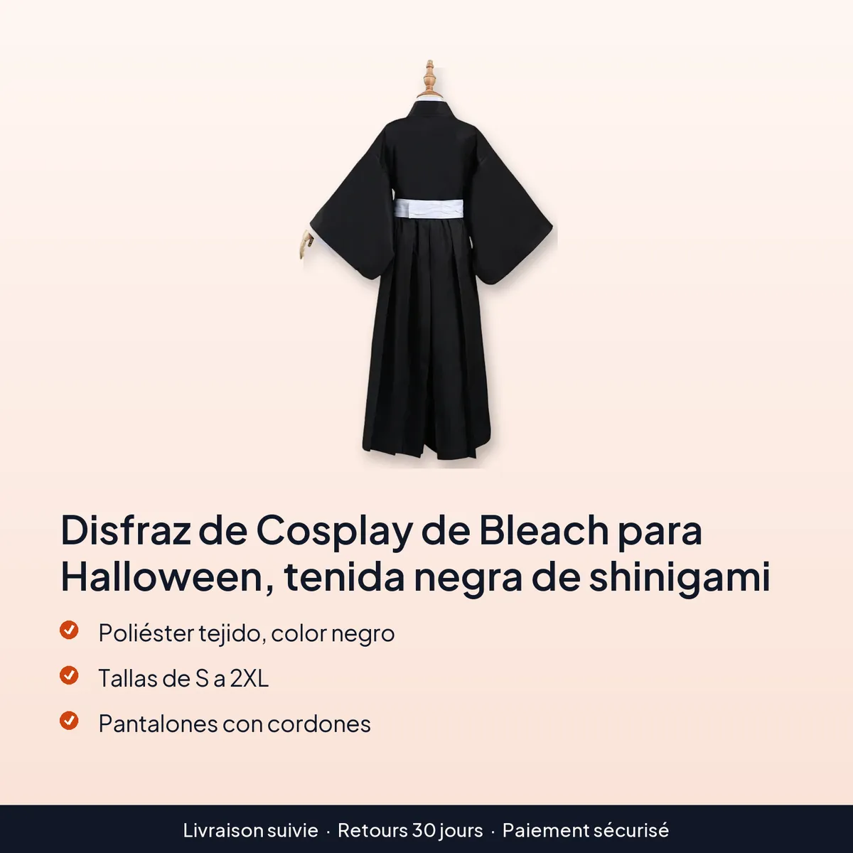 Disfraz de Cosplay de Bleach para Halloween, tenida negra de shinigami : poliéster tejido, color negro, tallas de s a 2xl, pantalones con cordones