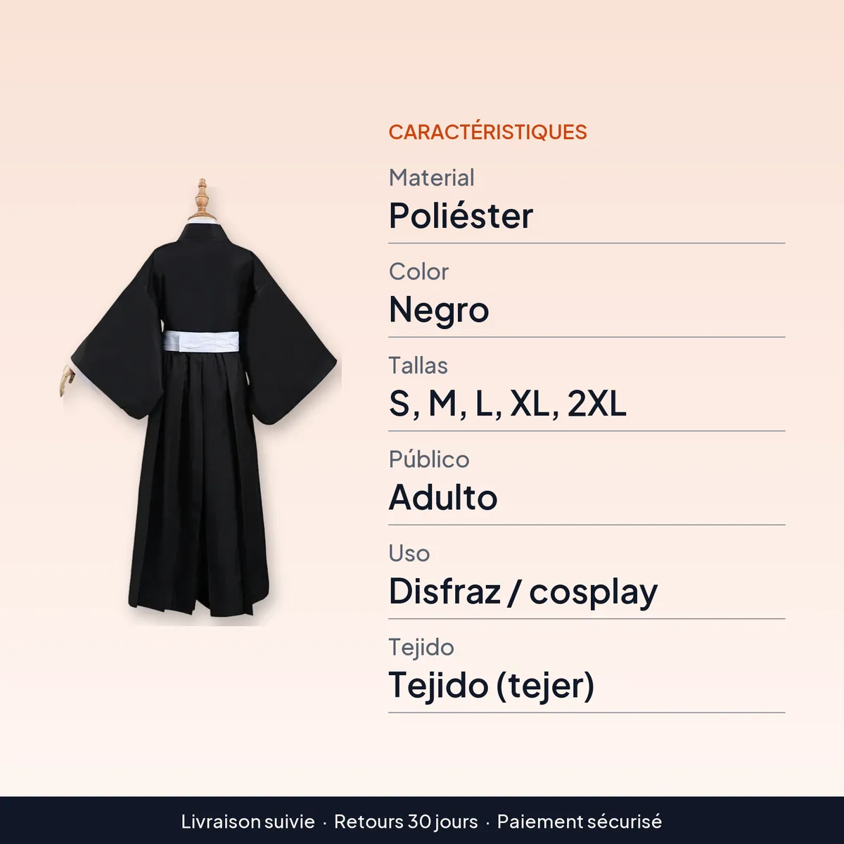Disfraz de Cosplay de Bleach para Halloween, tenida negra de shinigami : caractéristiques