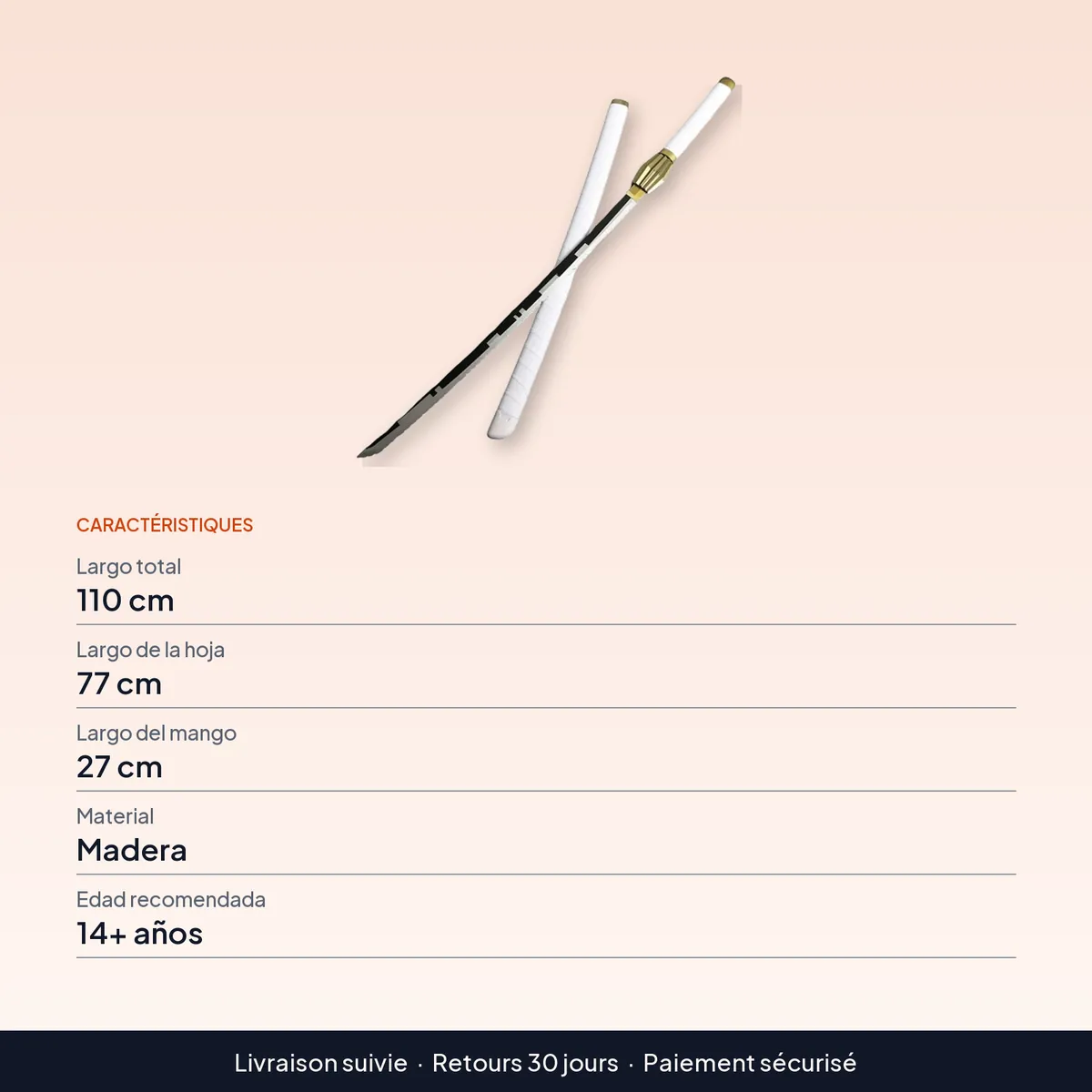 Espada Katana de Madera de 43 Pulgadas 110 cm, cosplay Bleach : caractéristiques