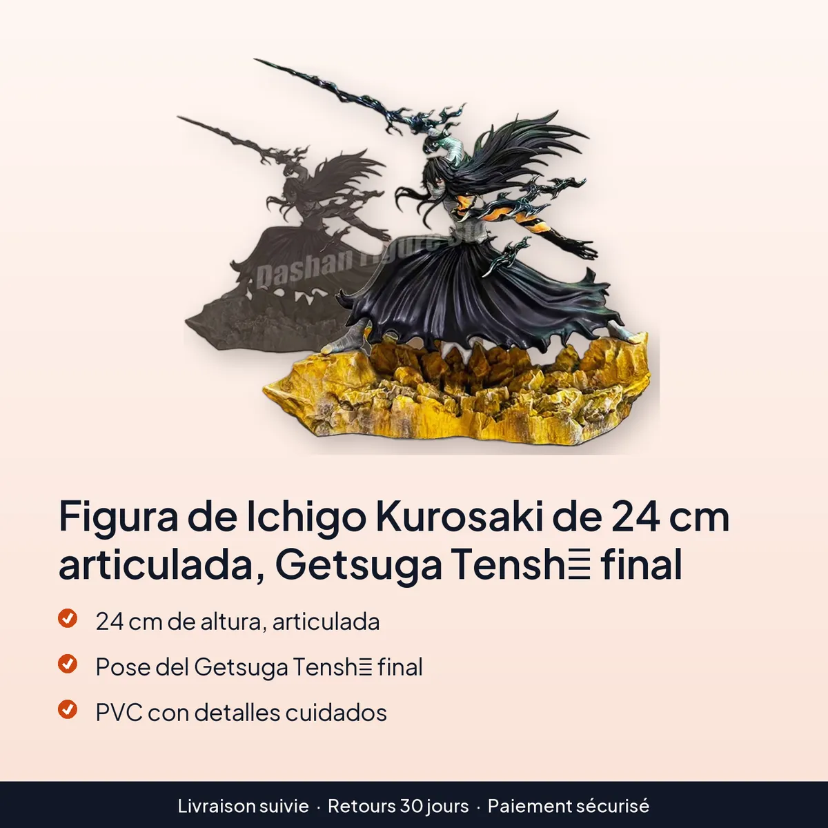 Figura de Ichigo Kurosaki de 24 cm articulada, Getsuga Tenshō final : 24 cm de altura, articulada, pose del getsuga tenshō final, pvc con detalles cuidados