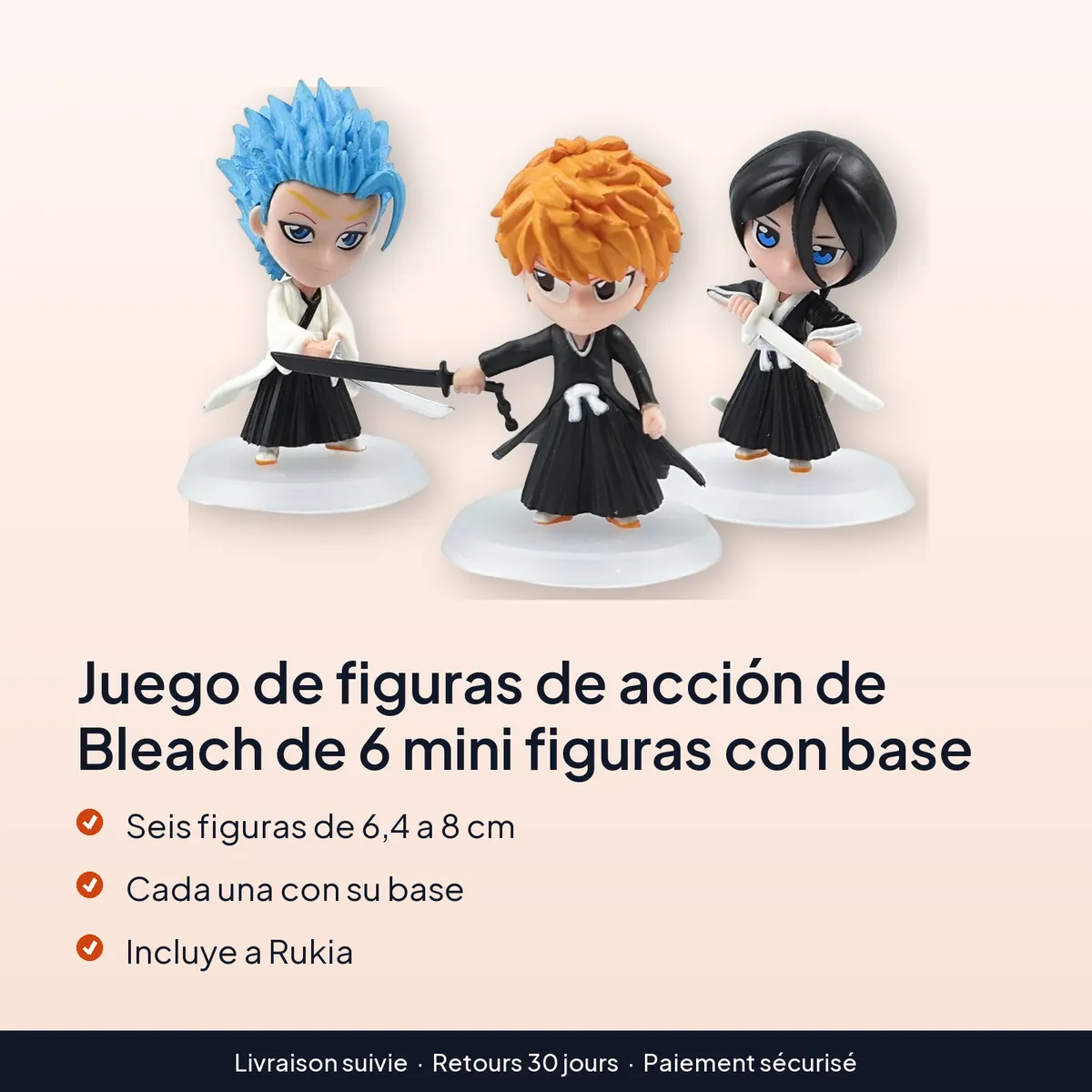 Juego de figuras de acción de Bleach de 6 mini figuras con base : seis figuras de 6,4 a 8 cm, cada una con su base, incluye a rukia