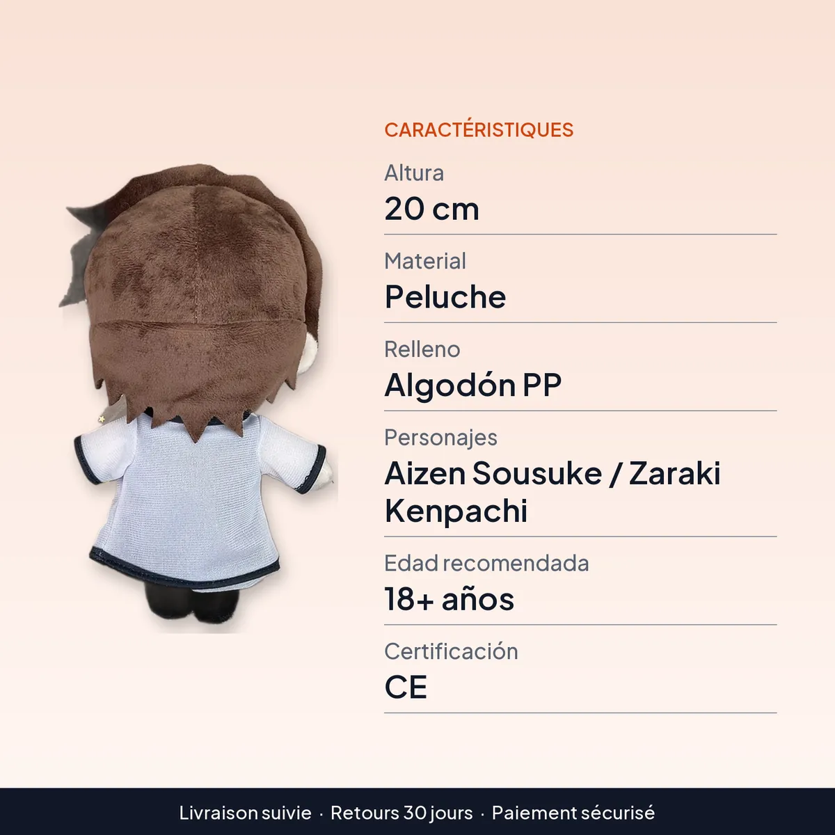 Muñeco de peluche Bleach de 20 cm: Aizen o Zaraki : caractéristiques