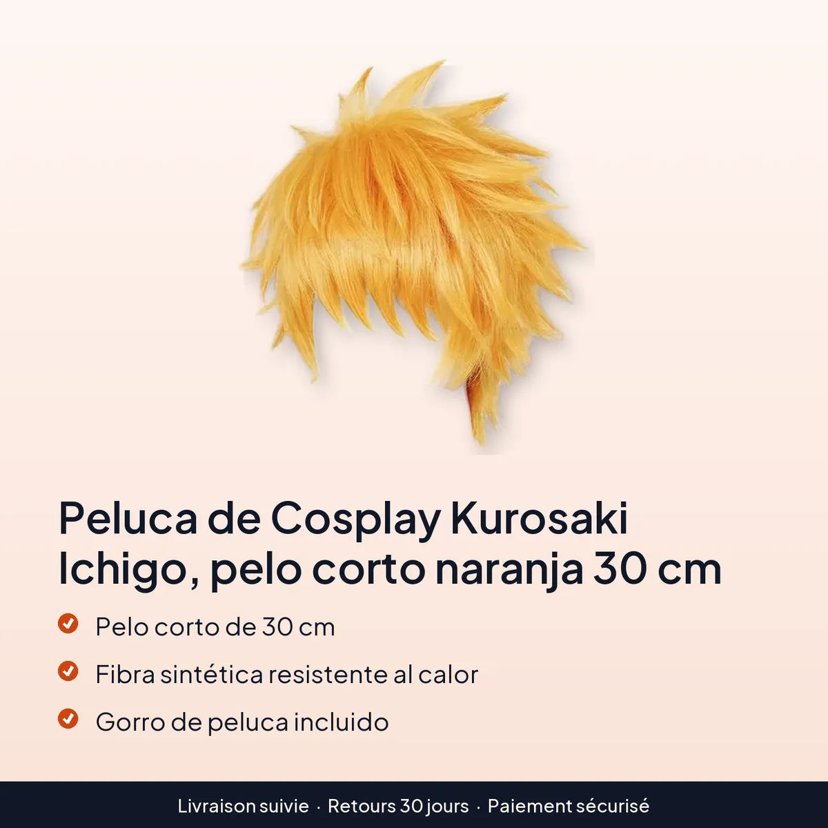 Peluca de Cosplay Kurosaki Ichigo, pelo corto naranja 30 cm : pelo corto de 30 cm, fibra sintética resistente al calor, gorro de peluca incluido