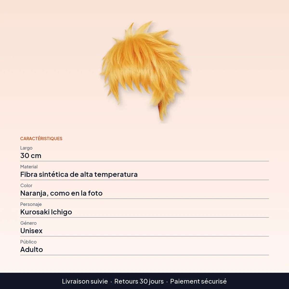 Peluca de Cosplay Kurosaki Ichigo, pelo corto naranja 30 cm : caractéristiques