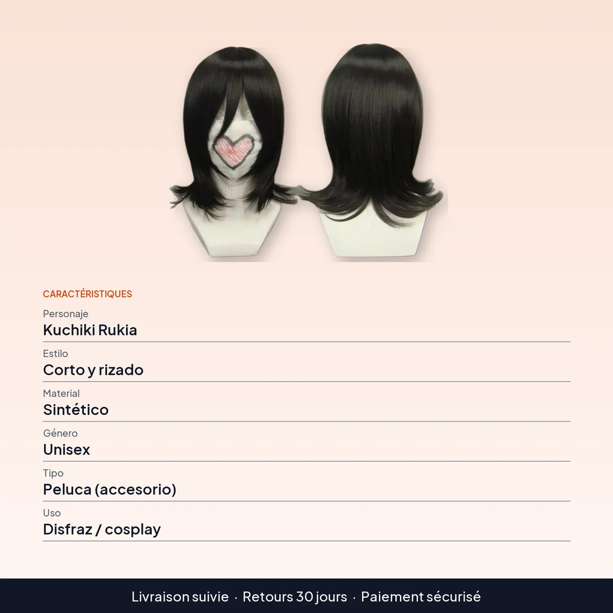 Peluca de Cosplay Rukia Kuchiki corta y rizada de pelo sintético : caractéristiques