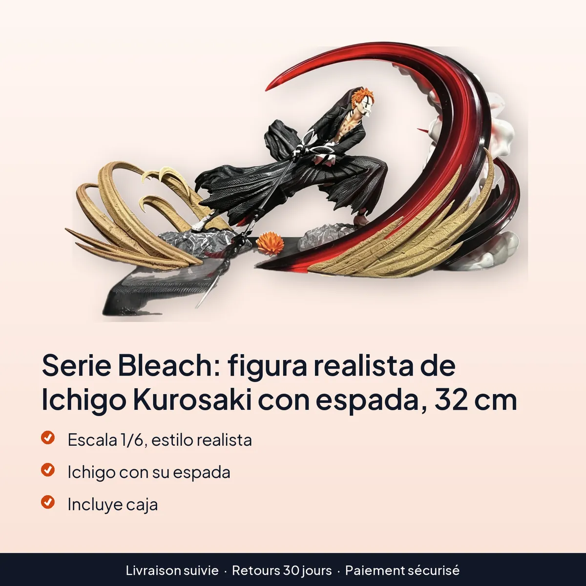 Serie Bleach: figura realista de Ichigo Kurosaki con espada, 32 cm : escala 1/6, estilo realista, ichigo con su espada, incluye caja