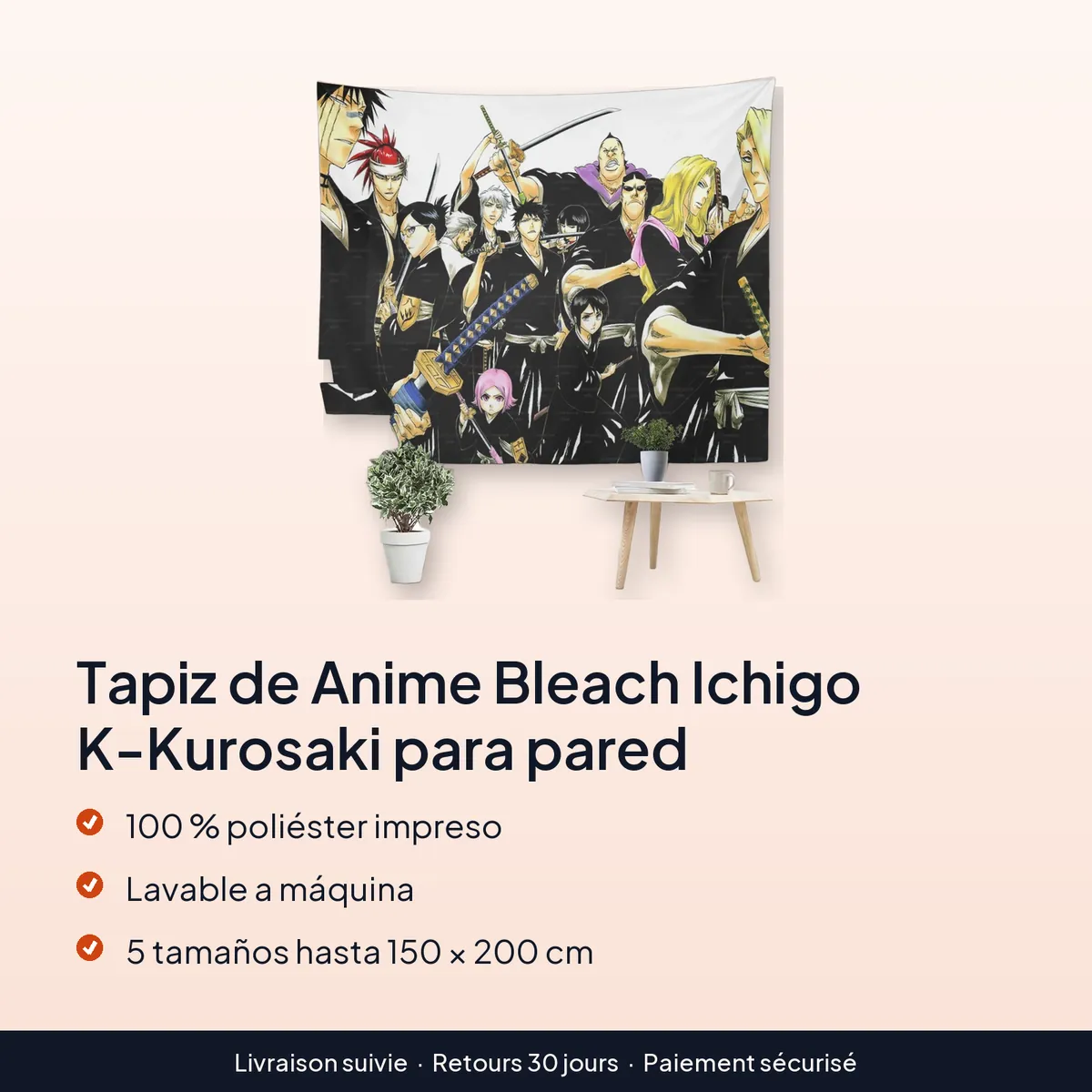 Tapiz de Anime Bleach Ichigo K-Kurosaki para pared : 100 % poliéster impreso, lavable a máquina, 5 tamaños hasta 150 × 200 cm